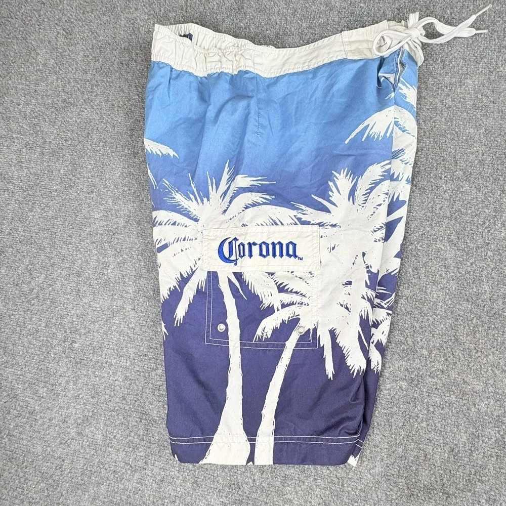 Corona Swim Trunks Mens M Board‎ Shorts Palm Tree Blue Tropical Coastal Beach
